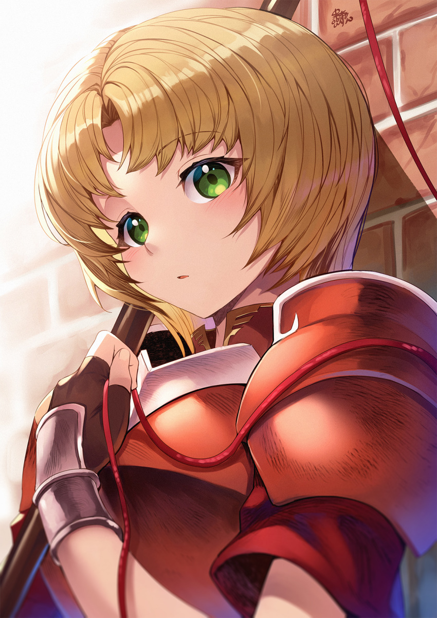 1girl amelia_(fire_emblem) armor blonde_hair fingerless_gloves fire_emblem fire_emblem:_the_sacred_stones gloves green_eyes highres holding nakabayashi_zun parted_lips polearm short_hair short_sleeves solo upper_body weapon