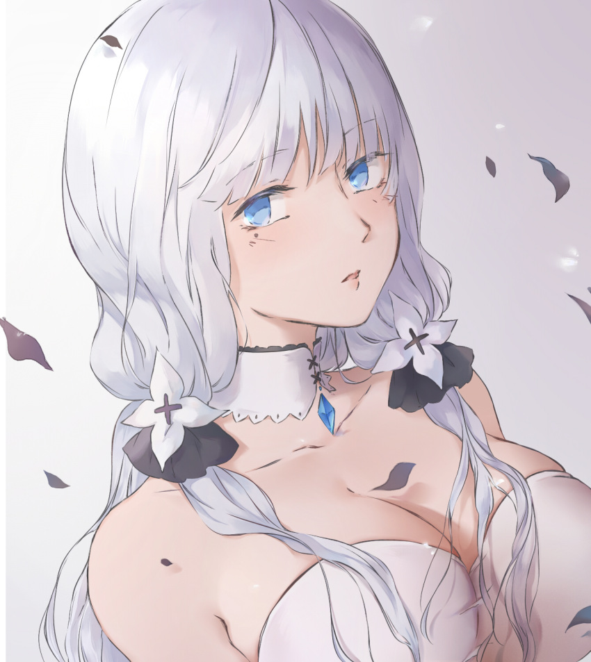 1girl azur_lane bangs bare_shoulders blue_eyes breasts cleavage collarbone dress eyebrows_visible_through_hair flower hair_flower hair_ornament hair_ribbon highres illustrious_(azur_lane) large_breasts long_hair looking_at_viewer mole mole_under_eye open_eyes open_mouth petals ribbon rifu_(643763873) silver_hair simple_background solo white_dress