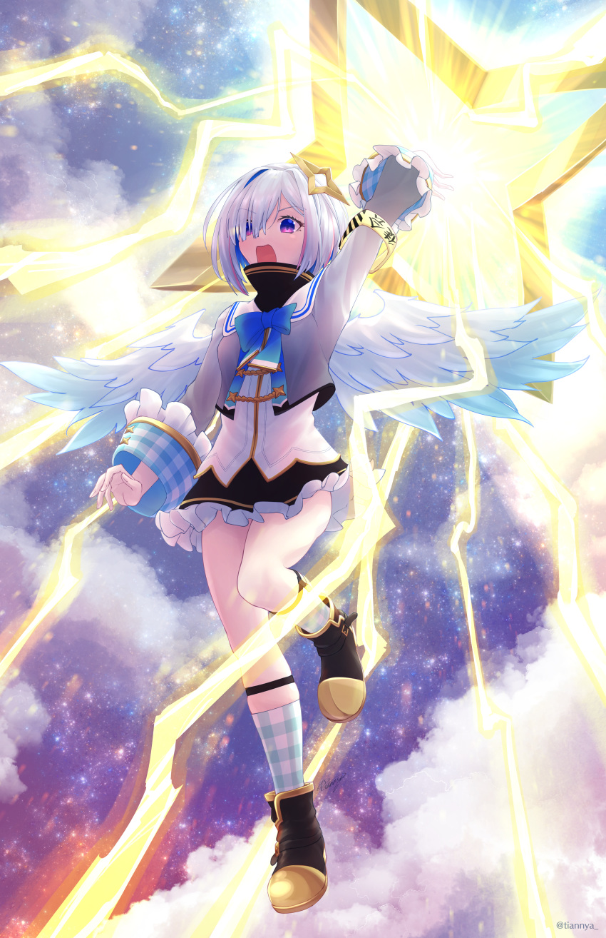 1girl absurdres amane_kanata angel_wings arm_up armband blue_ribbon cloud full_body highres hololive huge_filesize laser leg_up open_mouth purple_eyes ribbon school_uniform short_hair silver_hair solo tian_nya twitter_username virtual_youtuber wings