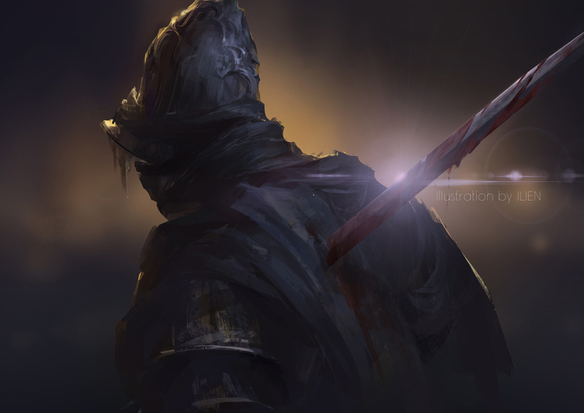 1boy armor artist_name black_capelet blood bloody_clothes bloody_weapon blurry blurry_background capelet commentary dark_souls_iii english_text from_behind helmet holy_knight_hodrick impaled injury jlien- shoulder_armor solo souls_(from_software) sword upper_body weapon