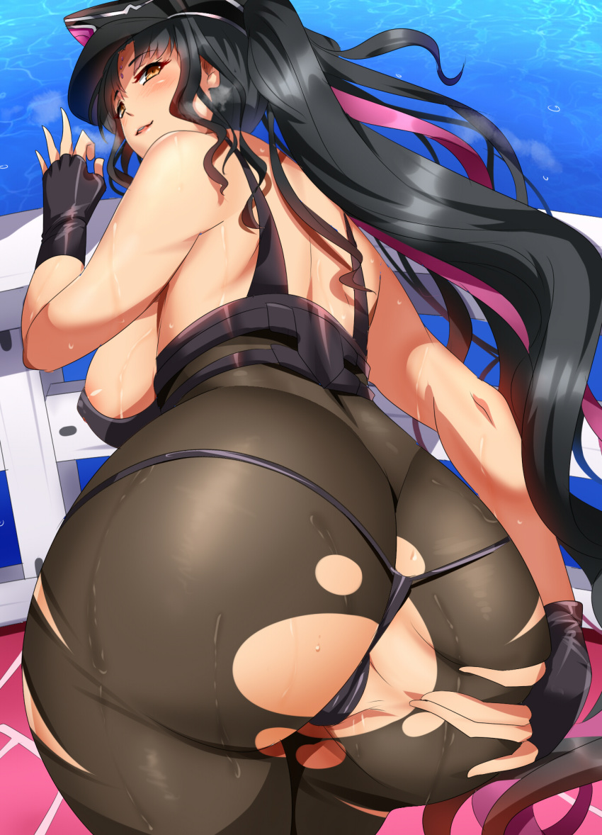 1girl ass ass_grab bent_over bikini black_bikini black_bodysuit black_gloves black_hair bodysuit breasts fate/grand_order fate_(series) fingerless_gloves forehead_tattoo from_behind gloves grabbing_own_ass hand_on_ass hand_on_own_ass hat highres large_breasts long_hair looking_back magukappu multicolored_hair peaked_cap police_hat ponytail presenting purple_hair revision sesshouin_kiara sesshouin_kiara_(swimsuit_mooncancer)_(fate) solo spread_ass streaked_hair swimsuit torn_bodysuit torn_clothes yellow_eyes