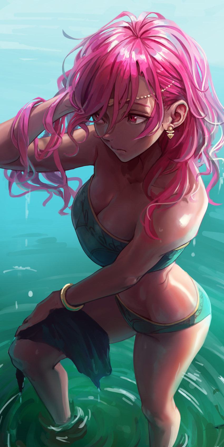 1girl absurdres bracelet breasts cleavage closed_mouth dark_skin earrings fire_emblem fire_emblem:_three_houses hapi_(fire_emblem) highres jewelry kazuko_(towa) red_eyes red_hair solo swimsuit water