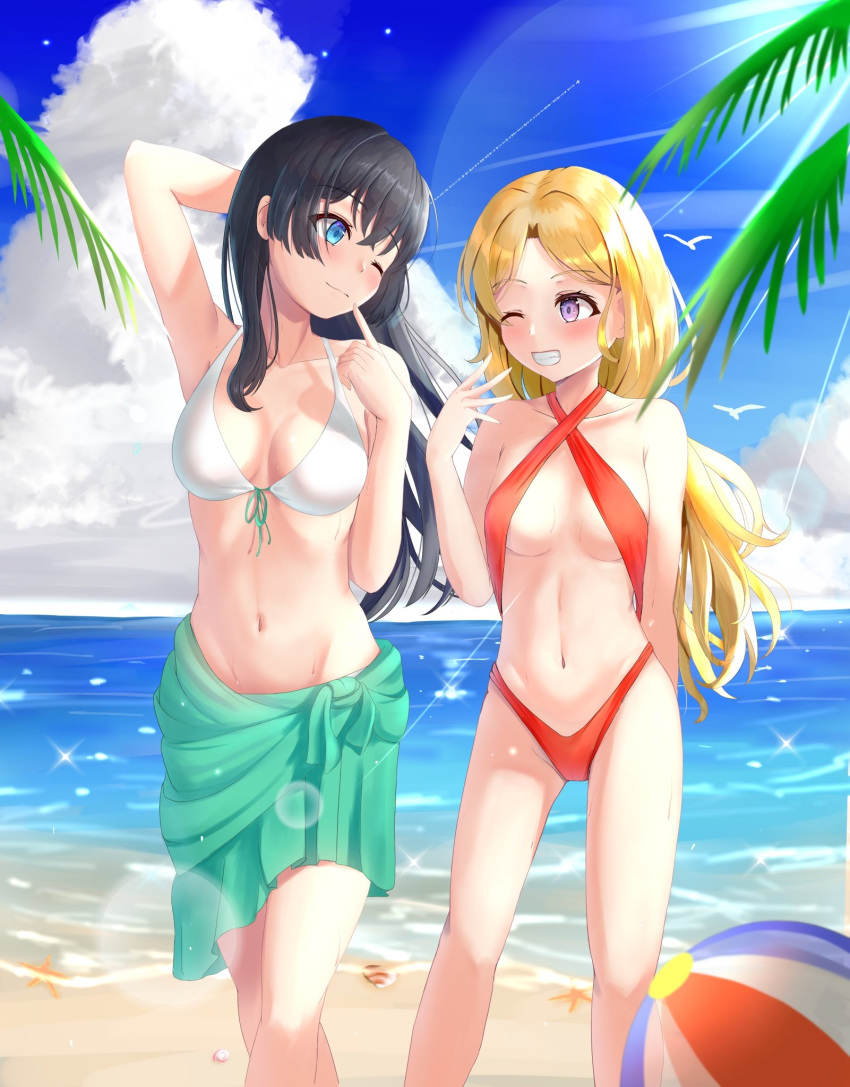 2girls ;) arm_up ball bangs bare_shoulders beach beachball bikini black_hair blonde_hair blue_eyes blue_sky breasts cloud collarbone commentary day eyebrows_visible_through_hair frenda_seivelun grin groin hand_up highres long_hair looking_at_another medium_breasts multiple_girls navel nose_(oekaki1825) one_eye_closed outdoors parted_bangs purple_eyes red_bikini sarong saten_ruiko sky sling_bikini_top small_breasts smile starfish swimsuit to_aru_kagaku_no_railgun to_aru_majutsu_no_index water white_bikini