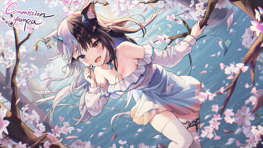 alpha_(ypalpha79) animal_ears bicolored_eyes choker fang flowers horns thighhighs water