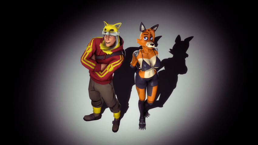 16:9 3d_(artwork) 4_toes absurd_res animatronic anthro blue_eyes bottomwear canid canine clothed clothing crossed_arms digital_media_(artwork) duo fan_character female five_nights_at_freddy's footwear fox foxy_(fnaf) fully_clothed gold97fox hair hands_behind_back hi_res high-angle_view hoodie human looking_at_viewer machine male mammal orange_body orange_hair pants robot scout_(team_fortress_2) shoes spotlight standing team_fortress_2 toes topwear valve video_games widescreen