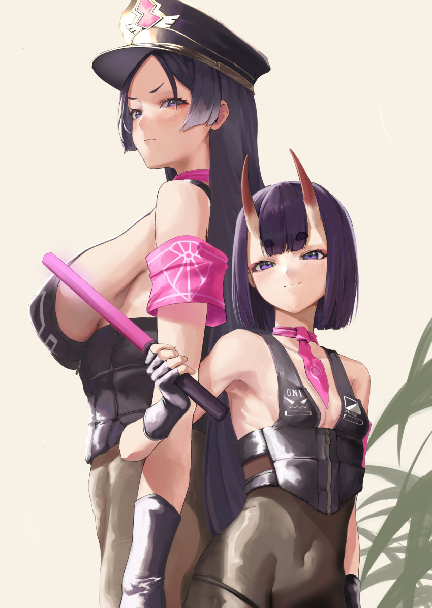 2girls armband bangs bare_shoulders bikini black_bikini black_gloves black_headwear black_legwear blush bob_cut breasts closed_mouth collarbone cosplay covered_navel fate/grand_order fate_(series) fingerless_gloves gloves halter_top halterneck hat height_difference highres horns large_breasts long_hair looking_at_viewer minamoto_no_raikou_(fate/grand_order) multiple_girls necktie oni oni_horns pantyhose parted_bangs pink_neckwear police_hat ponytail purple_eyes purple_hair sesshouin_kiara sesshouin_kiara_(swimsuit_mooncancer)_(fate) sesshouin_kiara_(swimsuit_mooncancer)_(fate)_(cosplay) short_eyebrows short_hair shuten_douji_(fate/grand_order) sideboob skin-covered_horns small_breasts smile swimsuit taino_kou traffic_baton very_long_hair