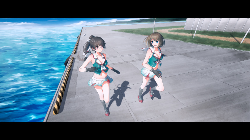 2girls absurdres alternate_hairstyle black_gloves black_hair black_legwear blue_eyes blue_sky breasts brown_hair choukai_(kantai_collection) cleavage cloud commentary_request crop_top day full_body glasses gloves gradient gradient_background grass hair_ornament hairclip hat hat_ribbon headgear highres huge_filesize kantai_collection kneehighs long_hair looking_to_the_side maya_(kantai_collection) medium_breasts midriff multiple_girls ocean outdoors pleated_skirt ponytail rankebu red_eyes red_ribbon remodel_(kantai_collection) ribbon rimless_eyewear road running sailor_collar shadow shirt short_hair skirt sky sleeveless sleeveless_shirt white_sailor_collar white_skirt x_hair_ornament