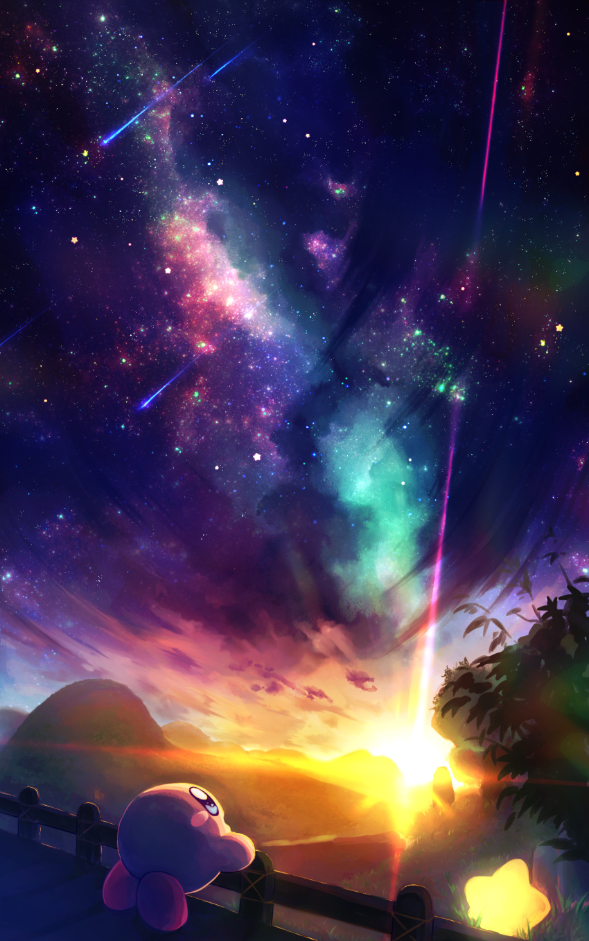 amedama_(akaki_4207) blush_stickers cloud commentary_request fence glowing grass highres kirby kirby_(series) looking_up meteor_shower no_humans open_mouth outdoors shooting_star sky solo space star_(sky) starry_sky sun twilight warp_star wooden_fence