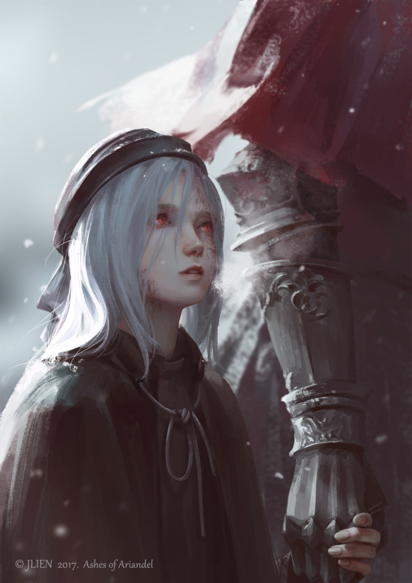 1boy 1girl artist_name bangs blurry blurry_background breath brown_shirt cape cloak commentary copyright_name dark_souls_iii dated depth_of_field gauntlets grey_hair hat highres holding holding_hands jlien- long_hair looking_up painting_woman parted_lips red_cape red_eyes shirt silver_hair slave_knight_gael slit_pupils solo_focus souls_(from_software) torn_clothes upper_body upper_teeth