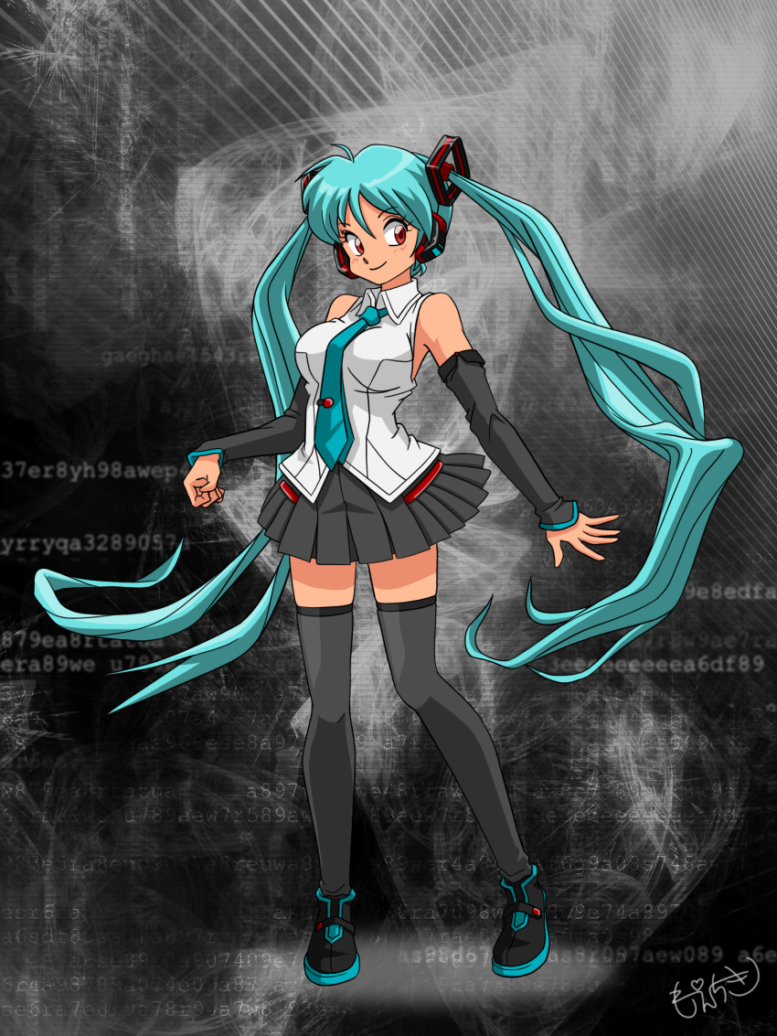 1girl black_skirt blue_hair blue_neckwear breasts detached_sleeves floating_hair fusion hatsune_miku highres large_breasts looking_to_the_side lum moechiki necktie parody red_eyes skirt smile solo standing style_parody takahashi_rumiko_(style) thighhighs twintails urusei_yatsura vocaloid