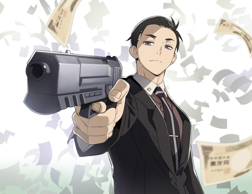 1boy black_hair finger_on_trigger formal fugou_keiji_balance:unlimited gun handgun holding holding_gun holding_weapon kanbe_daisuke male_focus money necktie nyoro_(nyoronyoro000) pistol short_hair simple_background solo suit weapon