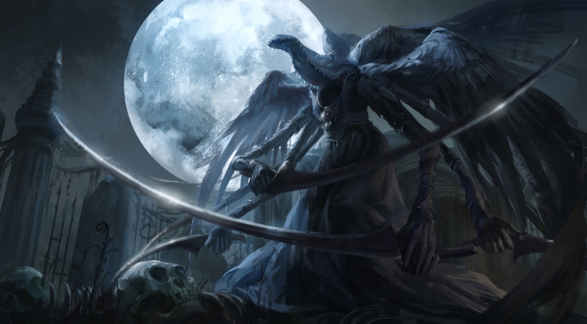 1other absurdres black_wings bloodborne commentary extra_arms feathered_wings fence from_below full_moon highres holding holding_sword holding_weapon jlien- mergo's_wet_nurse monster moon multiple_wings no_humans plant sharp_teeth skull solo sword teeth weapon wings