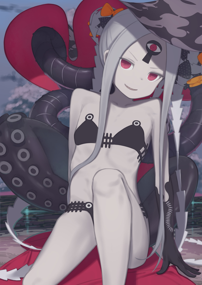 1girl abigail_williams_(fate/grand_order) abigail_williams_(swimsuit_foreigner)_(fate) absurdres bangs bare_shoulders bikini black_bikini black_bow bow breasts collarbone double_bun fate/grand_order fate_(series) forehead grin highres keyhole knee_up long_hair looking_at_viewer multiple_bows orange_bow parted_bangs purple_eyes sharp_teeth sidelocks sitting small_breasts smile swimsuit teeth tentacles thighs third_eye very_long_hair white_hair white_skin yomogi_uehara