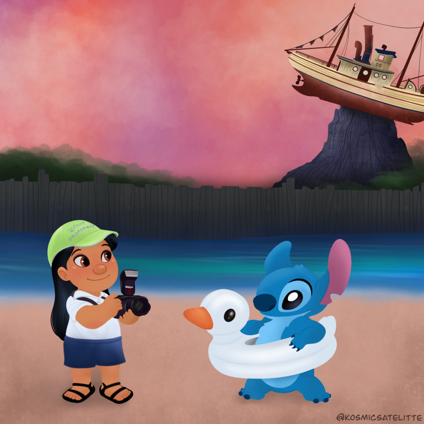 1:1 alien beach black_eyes black_hair blue_body blue_fur blue_nose brown_eyes camera child claws clothed clothing disney disney's_typhoon_lagoon disney_parks disney_photopass duo experiment_(lilo_and_stitch) eyebrows female flip_flops footwear fur hair hi_res holding_camera holding_object human inner_tube kosmicsatellite lilo_and_stitch lilo_pelekai male mammal mountain notched_ear sand sandals seaside semi-anthro ship signature sky stitch_(lilo_and_stitch) toe_claws vehicle walt_disney_world water watercraft young