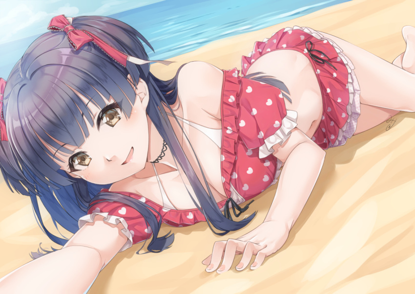 1girl :d bangs bare_legs barefoot beach bikini bikini_skirt blue_sky blunt_bangs bow breasts brown_eyes choker cleavage cloud collarbone frills front-tie_bikini front-tie_top hair_bow hair_over_shoulder halterneck heart heart_print idolmaster idolmaster_shiny_colors light_blush long_hair looking_at_viewer lying mayuzumi_fuyuko medium_breasts miri_(ago550421) nail_polish navel ocean off_shoulder on_side open_mouth outstretched_arms red_bikini red_bow red_swimsuit sand signature sky smile solo swimsuit twintails water