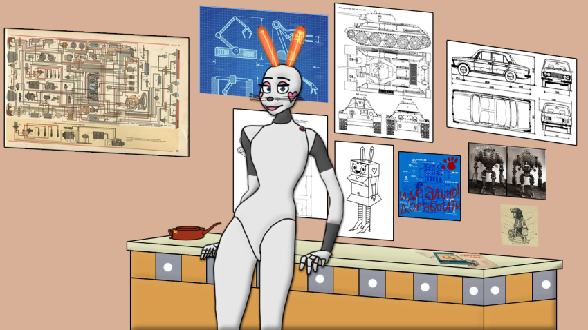 anonymfurfever anthro blueprint car featureless_crotch female furniture lagomorph leporid looking_at_viewer machine mammal nu_pogodi rabbit robot robozayats russian solo table vehicle zayats