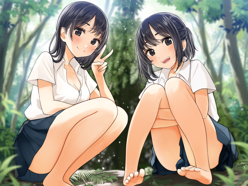 2girls :d bangs bare_legs barefoot black_eyes black_hair black_skirt blurry blurry_background breasts cleavage closed_mouth collared_shirt commentary_request day depth_of_field dress_shirt eyebrows_visible_through_hair forest hand_up kentaurosu leg_hug long_hair medium_breasts multiple_girls nature open_mouth original outdoors pleated_skirt school_uniform shirt short_sleeves skirt smile upper_teeth v white_shirt