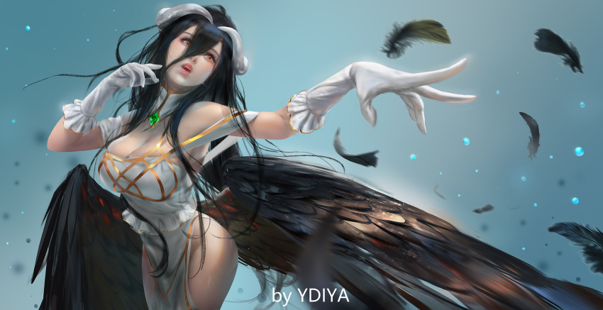 1girl albedo bare_shoulders black_feathers black_hair black_wings breasts cleavage demon_girl demon_horns demon_wings detached_collar dress falling_feathers fangs feathered_wings frills gloves hair_between_eyes highres hip_vent horns large_breasts long_hair low_wings open_mouth overlord_(maruyama) slit_pupils thighs white_dress white_gloves wings ydiya yellow_eyes