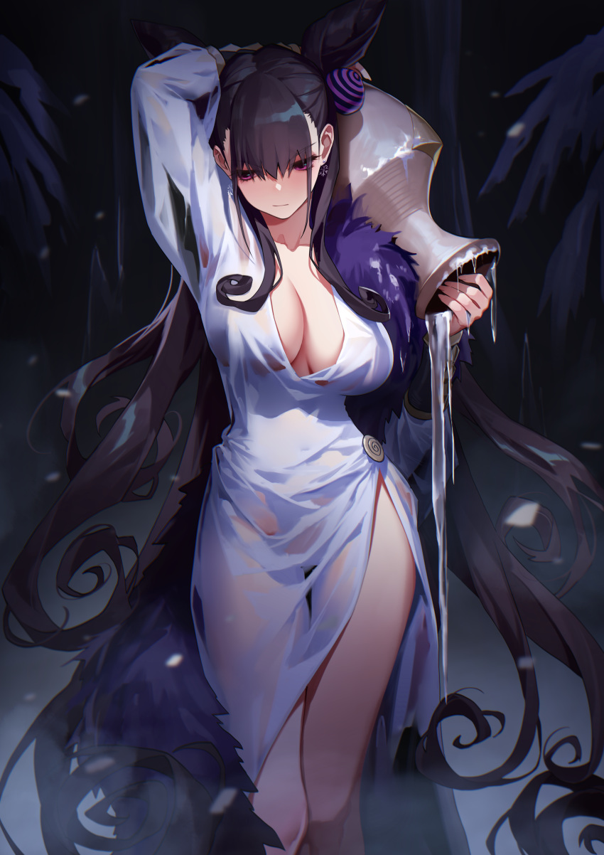 1girl absurdres arm_up bangs bare_legs black_hair blush breasts cleavage closed_mouth collarbone daye_bie_qia_lian dress earrings eyebrows_visible_through_hair fate/grand_order fate_(series) feet_out_of_frame highres holding ice icicle jewelry jug large_breasts long_hair long_sleeves looking_away looking_down murasaki_shikibu_(fate) pelvic_curtain purple_eyes see-through shawl snowflake_earrings snowflakes solo standing thigh_gap v-shaped_eyebrows very_long_hair wet wet_clothes wet_dress white_dress