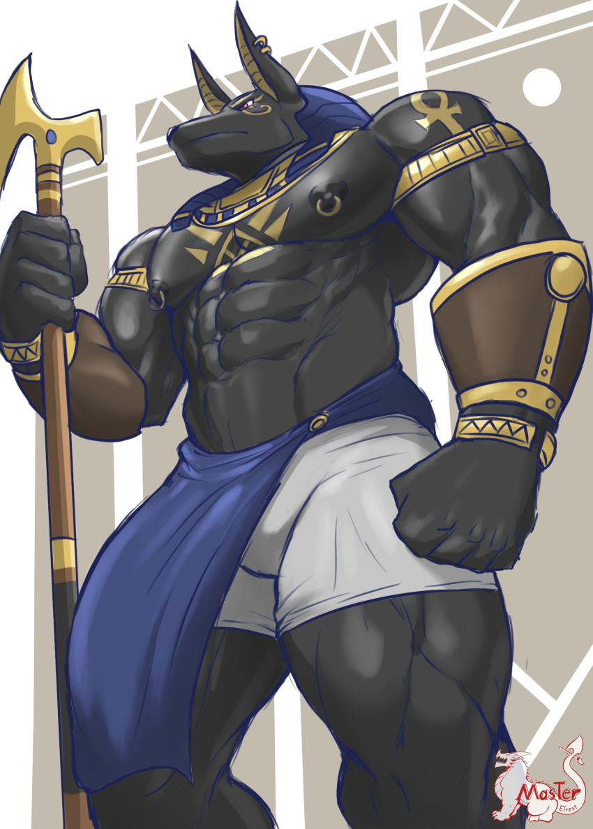 anthro anubian_jackal anubis big_muscles black_body black_nipples canid canine canis clothing deity egyptian egyptian_clothing egyptian_mythology hi_res holding_object holding_weapon jackal male mammal masterelrest middle_eastern_mythology muscular muscular_anthro muscular_male mythology nipple_piercing nipples pecs piercing solo tattoo weapon
