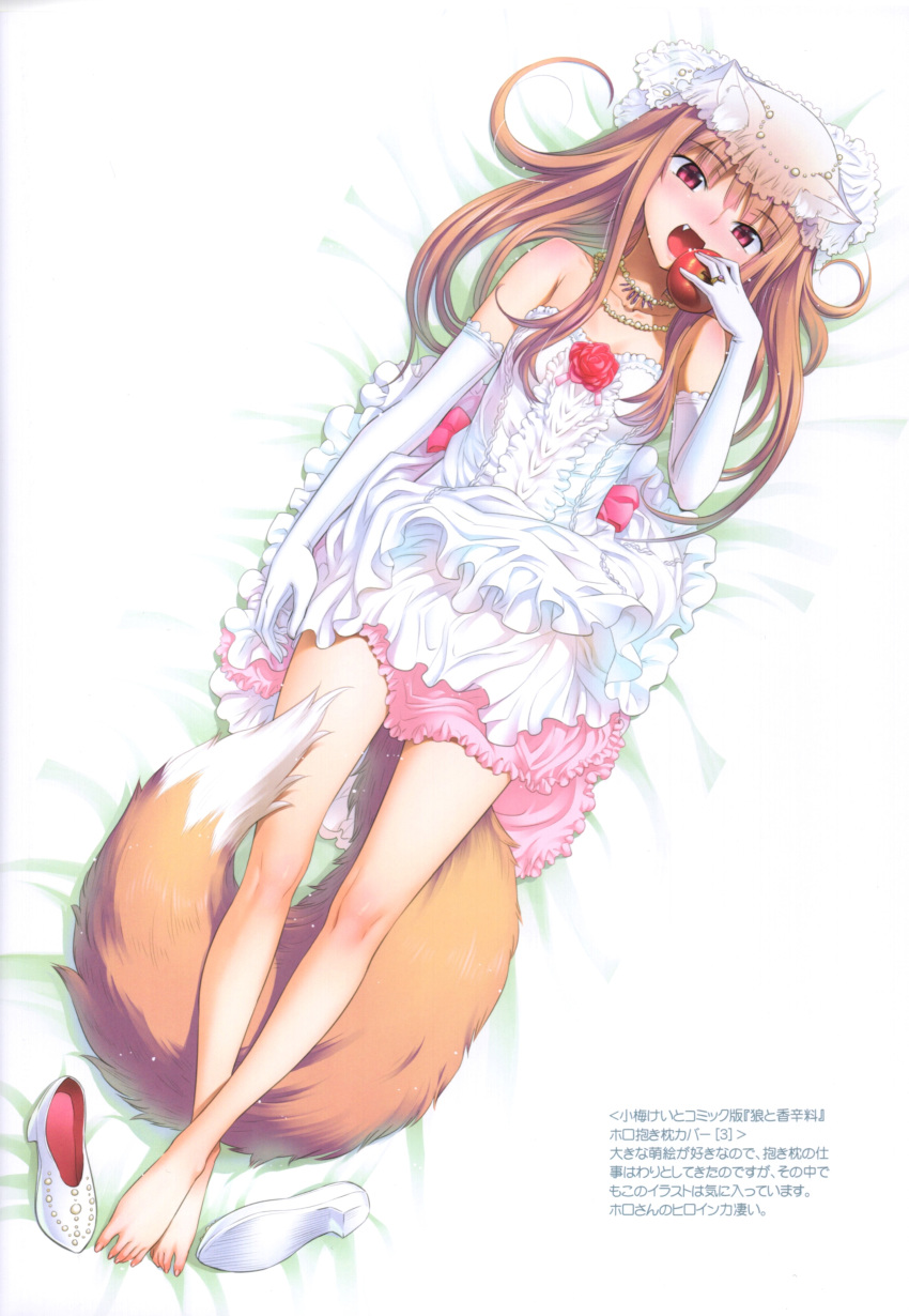 1girl absurdres animal_ears bangs barefoot bed_sheet blush bridal_veil brown_hair dress elbow_gloves eyebrows_visible_through_hair fang food footwear_removed from_above fruit full_body gloves highres holding holding_food holding_fruit holo koume_keito long_hair looking_at_viewer lying official_art on_back open_mouth pumps red_apple red_eyes scan short_dress sleeveless sleeveless_dress solo spice_and_wolf strapless strapless_dress tail veil wedding_dress white_background white_dress white_footwear white_gloves wolf_ears wolf_girl wolf_tail