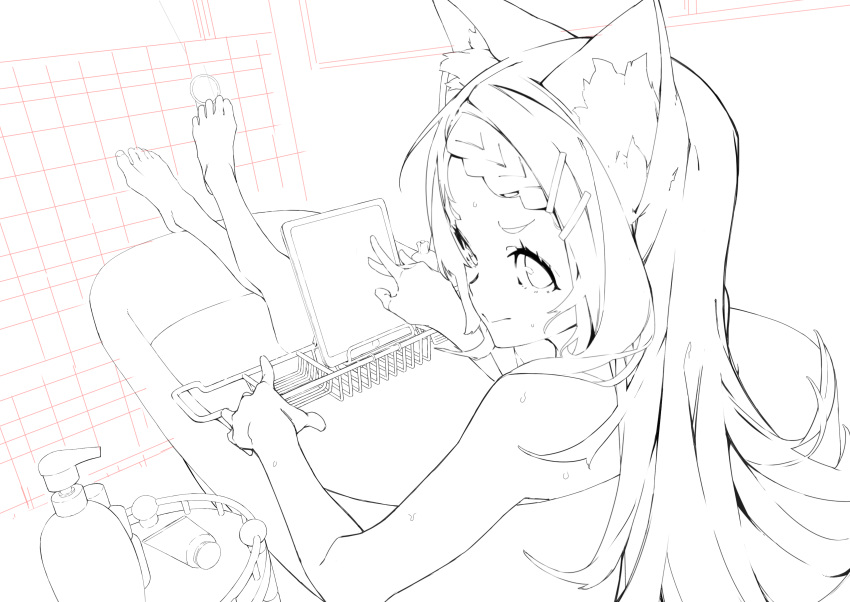 1girl absurdres animal_ear_fluff animal_ears bare_shoulders bath bathing bathtub braid braided_bangs cat_ears clip_studio_paint_(medium) commentary furisuku hair_ornament hairclip highres hoshino_nyaa indie_virtual_youtuber lineart long_hair looking_at_viewer sitting smile soap_bottle solo tablet_pc virtual_youtuber