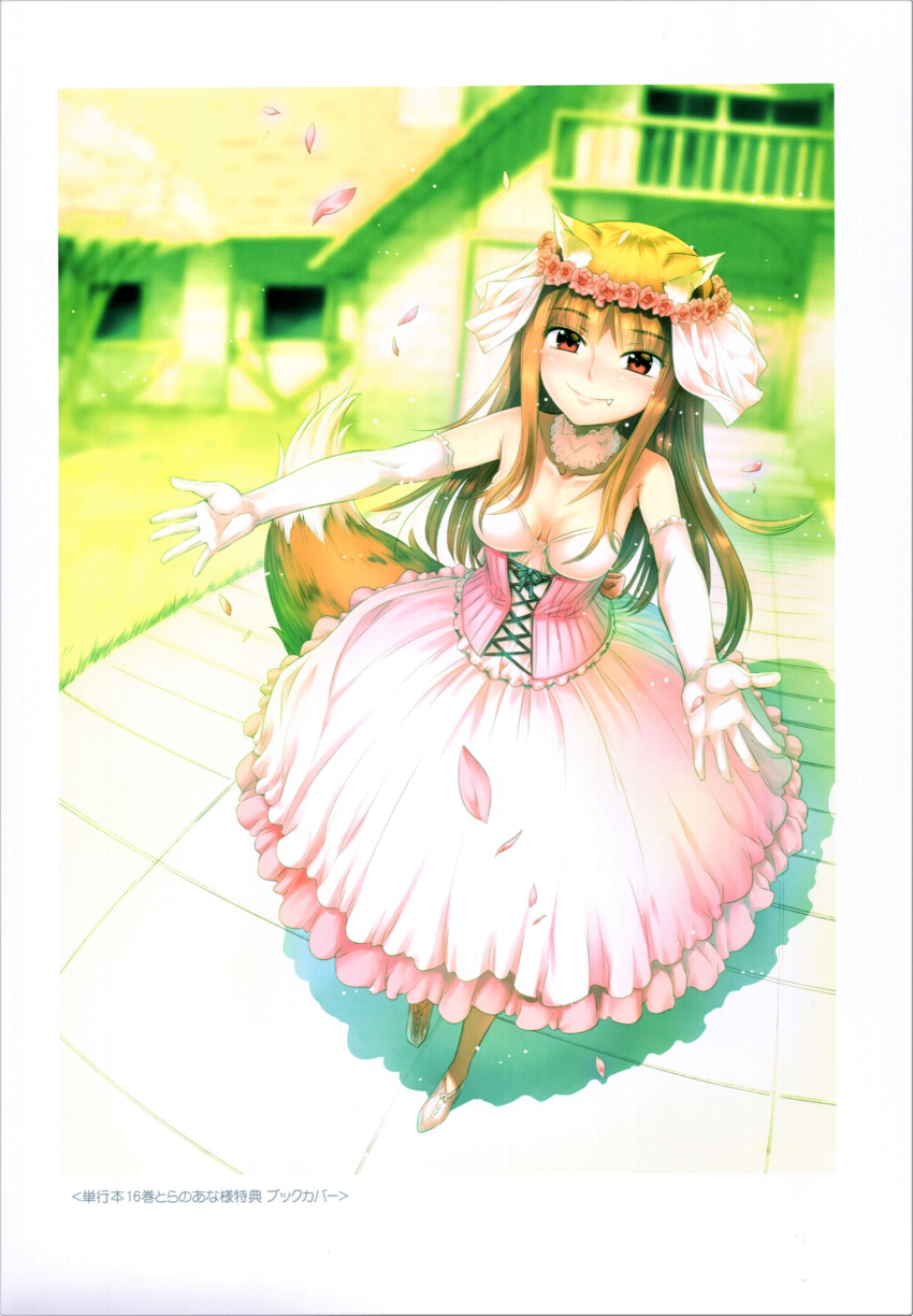 1girl absurdres blurry blurry_background breasts brown_hair bustier cherry_blossoms cleavage collarbone detached_collar dress elbow_gloves floating_hair flower full_body gloves hair_flower hair_ornament head_wreath highres holo koume_keito layered_dress long_hair looking_at_viewer medium_breasts official_art pink_dress red_flower scan shiny shiny_hair sleeveless sleeveless_dress solo spice_and_wolf standing strapless strapless_dress tail very_long_hair wedding_dress white_gloves wolf_girl wolf_tail