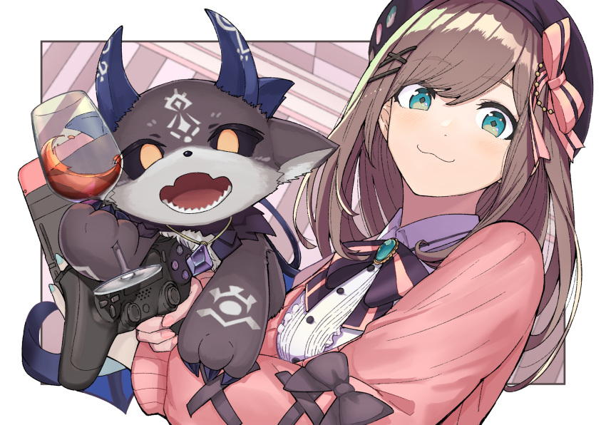 1girl 1other :3 aqua_eyes bangs beret black_headwear black_sclera bow bowtie brooch brown_hair cardigan closed_mouth controller cup debidebi_debiru demon demon_horns drink dualshock eyebrows_visible_through_hair game_controller gamepad hair_bow hat highres holding holding_controller holding_cup holding_game_controller horns jewelry looking_at_viewer medium_hair merooon nail_polish necklace nijisanji open_mouth pink_cardigan pink_nails playstation_controller sharp_teeth shirt smile suzuhara_lulu teeth upper_body virtual_youtuber white_shirt yellow_eyes