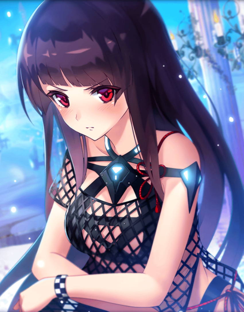 bikini black_hair black_killers_(phantom_of_the_kill) blush bracelet breasts candle checkered cleavage eyebrows_visible_through_hair eyes_visible_through_hair fire fishnet_fabric fishnet_top flame game_cg halter_top halterneck highres jewelry looking_at_viewer masamune_(phantom_of_the_kill) medium_breasts phantom_of_the_kill pillar plant red_eyes serious single_sleeve straight_hair swimsuit vines