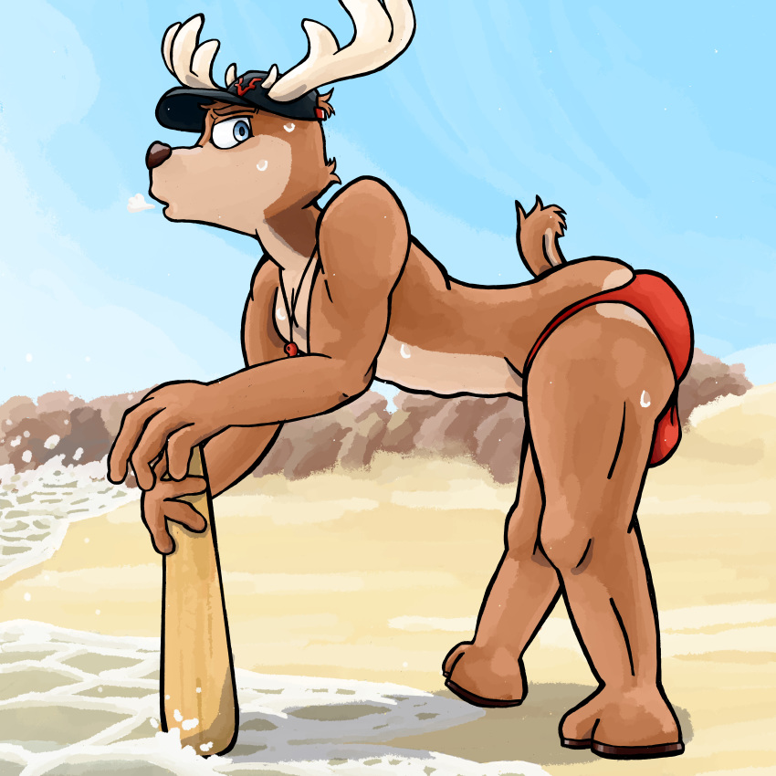 1:1 absurd_res anthro balls baseball_bat bat_(object) beach benny_(venados_mzt) big_butt blue_eyes bottomwear brown_body brown_fur butt cervid clothing fur gallardo genitals hat headgear headwear hi_res hooves horn male mammal seaside solo swimwear wave