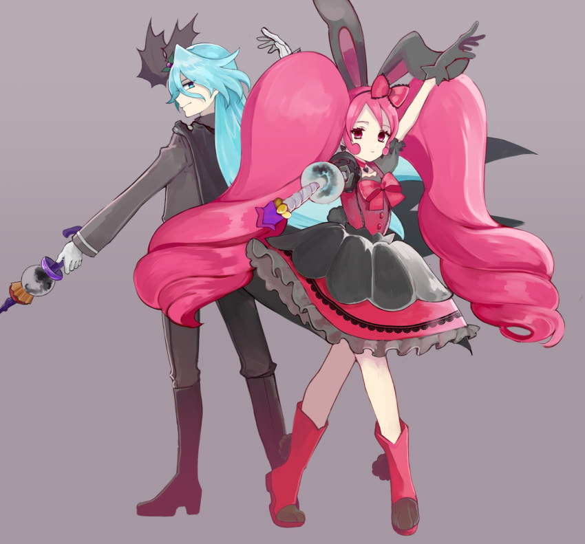 +_+ 1boy 1girl animal_ears arm_up back-to-back boots bunny_ears cape choker crossed_legs cure_whip dark_persona dress earrings empty_eyes expressionless extra_ears formal from_side full_body gloves grey_background hair_between_eyes hair_ornament hair_over_one_eye heart heart_choker heart_earrings highres jewelry julio_(precure) kirakira_precure_a_la_mode light_blue_eyes light_blue_hair long_hair magical_girl pink_eyes pink_hair pointing pointing_at_viewer pom_pom_(clothes) precure shimotsuki_(ichiruki) sidelocks sideways_glance simple_background smile suit twintails usami_ichika very_long_hair wand watson_cross