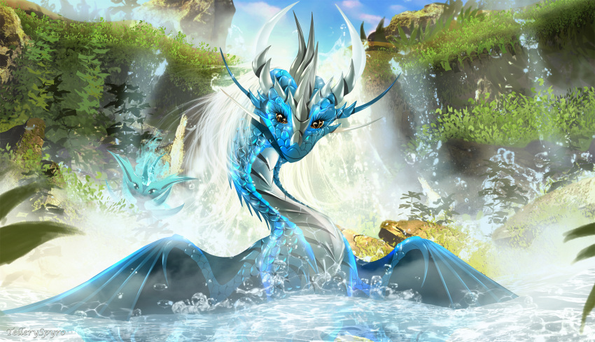 2020 blue_body blue_eyes blue_scales day detailed_background digital_media_(artwork) dragon eyelashes female feral happy hi_res looking_at_viewer outside partially_submerged scales sky telleryspyro water waterfall yellow_eyes