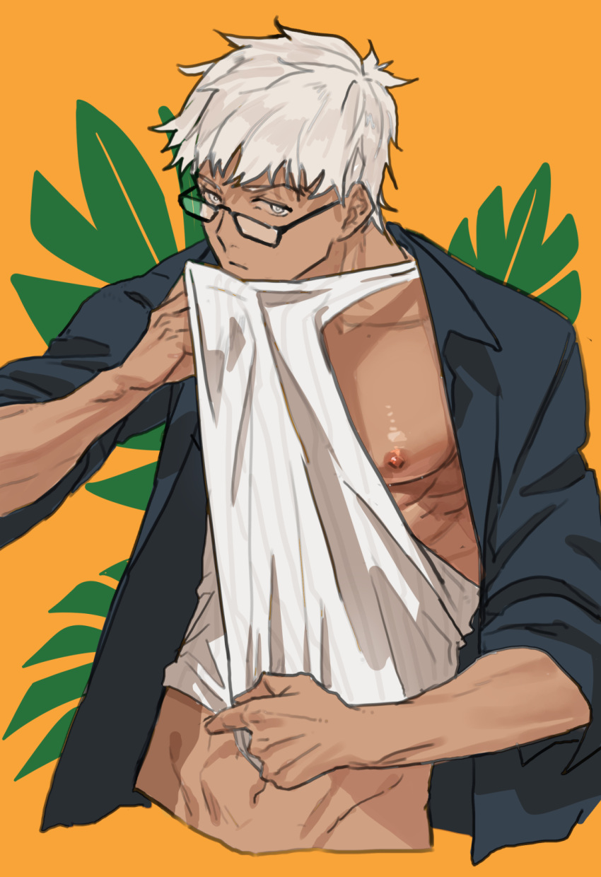 1boy alternate_costume archer bok brown_eyes chest cropped_torso dark_skin dark_skinned_male fate/grand_order fate/stay_night fate_(series) glasses highres looking_at_viewer male_focus muscle short_hair simple_background solo summer_casual_(fate/grand_order) tank_top tank_top_lift upper_body white_hair