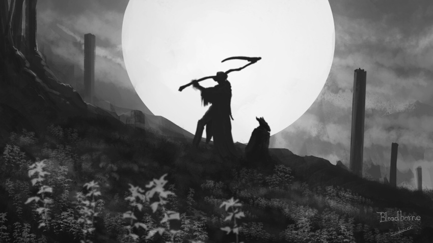 1boy 1other ambiguous_gender bloodborne cloud cloudy_sky commentary copyright_name field flower flower_field fog gehrman_the_first_hunter greyscale hat hill holding holding_scythe holding_weapon hunter_(bloodborne) imminent_hit kneeling monochrome moon nature outdoors pillar scenery scythe silhouette sky spoilers standing tricorne tripdancer weapon wide_shot