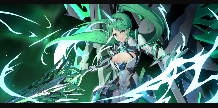 &gt;:) 1girl absurdres armor bangs blush bodysuit breasts chest_jewel cleavage closed_mouth covered_navel cowboy_shot elbow_gloves fake_horns fauls gem gloves glowing gradient gradient_background green_background green_eyes hairband high_ponytail highleg highleg_leotard highres holding holding_sword holding_weapon horns large_breasts leotard long_hair machinery neon_trim outstretched_arm pauldrons pneuma_(xenoblade) serious shoulder_armor sidelocks solo swept_bangs sword thigh_gap tifaices very_long_hair weapon white_gloves white_leotard xenoblade_chronicles_(series) xenoblade_chronicles_2