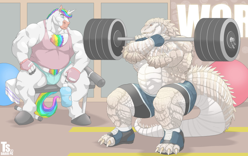 2020 absurd_res alligator alligatorid anthro barazoku barbell belly belly_hair bench big_muscles body_hair bottomwear braided_hair bulge chest_hair claws clothing crocodilian duo equid equine exercise fingerless_gloves glimmerstomp gloves gym hair handwear hi_res hooves horn hotpants inside korboryn long_hair male mammal multicolored_hair multicolored_tail musclegut muscular muscular_anthro muscular_male plantigrade pubes rainbow_hair rainbow_tail reptile scales scalie shirt shorts sitting squats tank_top thick_thighs toeless_shoes topwear tylerstark unicorn water_bottle weightlifting weights white_body white_scales workout