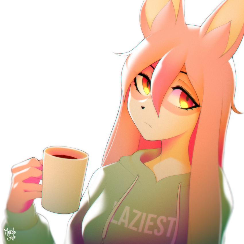 1:1 2020 absurd_res anthro beverage brand_new_animal canid canine clothed clothing coffee cup english_text female fox hair hi_res holding_cup holding_object long_hair looking_at_viewer mammal marblesoda nazuna_hiwatashi pink_hair signature simple_background solo studio_trigger sweater text text_on_clothing text_on_topwear topwear white_background