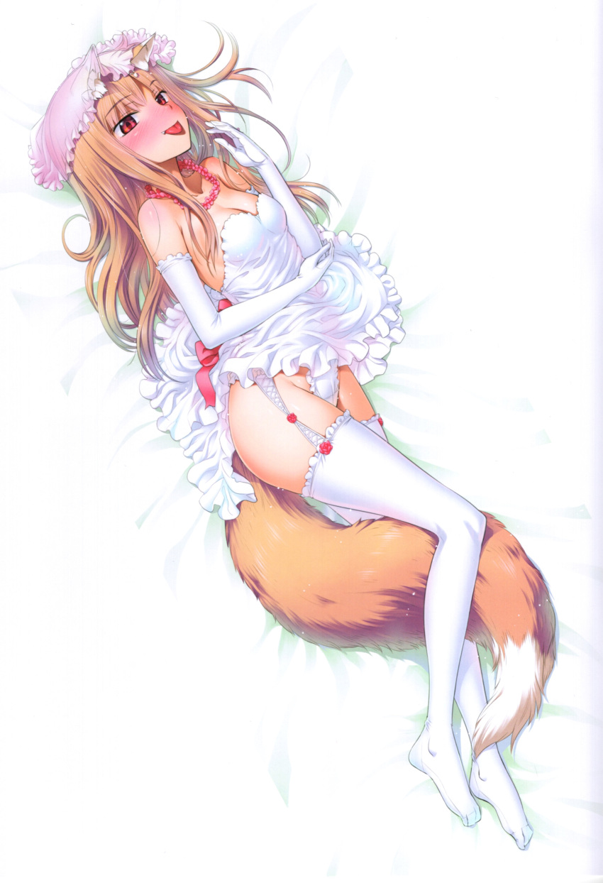 1girl absurdres animal_ears bangs bed_sheet blush breasts brown_hair cleavage collarbone dakimakura dress dress_lift elbow_gloves eyebrows_visible_through_hair frilled_legwear from_above full_body garter_straps gloves highleg highleg_panties highres holo jewelry koume_keito lifted_by_self long_hair lying necklace official_art on_back panties red_eyes scan short_dress simple_background sleeveless sleeveless_dress small_breasts smile solo spice_and_wolf striped striped_dress tail thighhighs tongue tongue_out underwear very_long_hair white_background white_dress white_gloves white_legwear white_panties wolf_ears wolf_girl wolf_tail