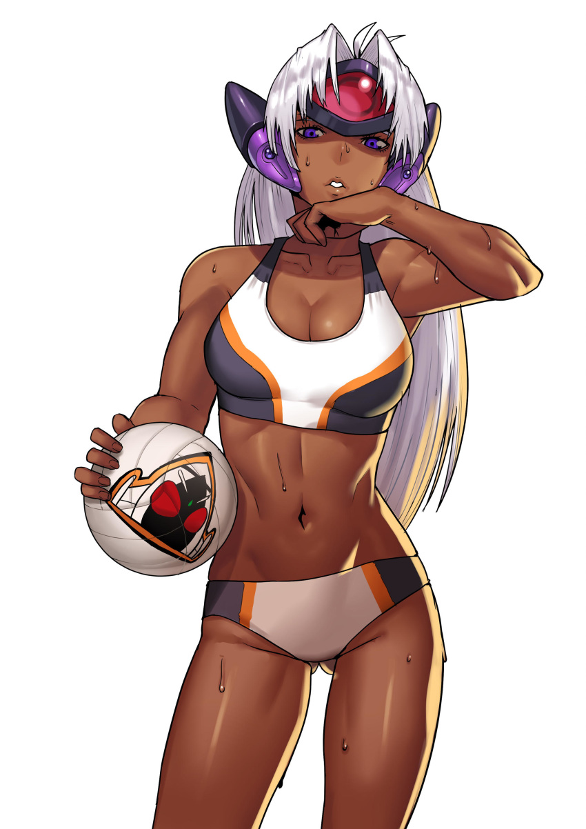 1girl absurdres ass_visible_through_thighs ball breasts cessa cleavage collarbone commentary commission dark_skin forehead_protector grey_hair headgear highres holding holding_ball kamen_rider kamen_rider_fourze_(series) large_breasts long_hair navel purple_eyes solo sportswear sweat swimsuit t-elos tankini volleyball volleyball_uniform white_background xenosaga xenosaga_episode_iii