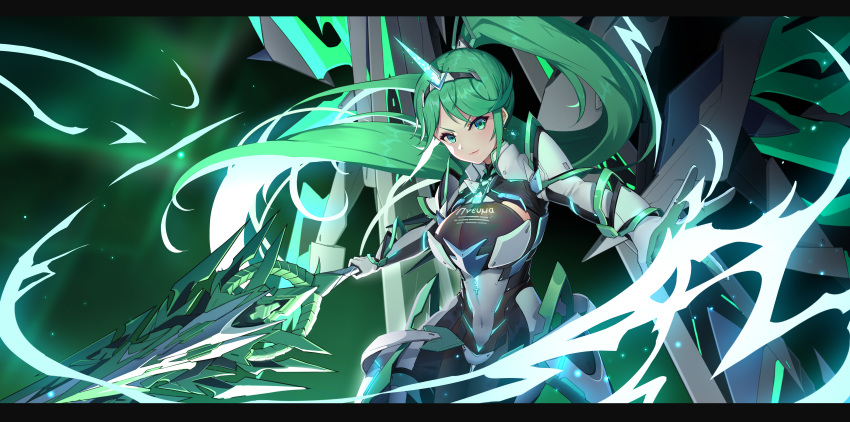 &gt;:) 1girl absurdres armor bangs blush bodysuit breasts character_name chest_jewel cleavage closed_mouth clothes_writing covered_navel cowboy_shot elbow_gloves fake_horns fauls gem gloves glowing gradient gradient_background green_background green_eyes hairband high_ponytail highres holding holding_sword holding_weapon horns large_breasts long_hair machinery outstretched_arm pauldrons pneuma_(xenoblade) serious shoulder_armor sidelocks solo swept_bangs sword thigh_gap tifaices very_long_hair weapon white_gloves xenoblade_chronicles_(series) xenoblade_chronicles_2