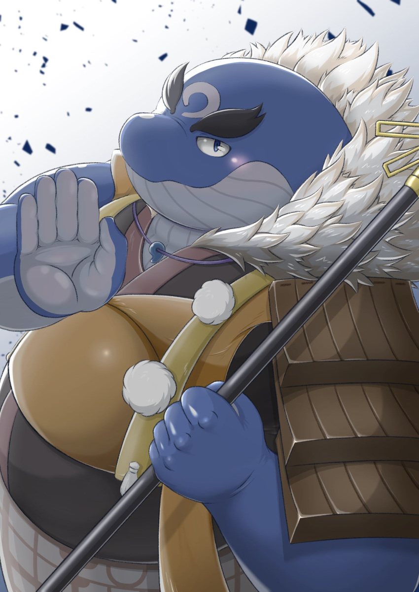2020 anthro belly blue_body blush clothed clothing hi_res jinku_56 kemono male marine overweight overweight_anthro overweight_male solo tamakore weapon