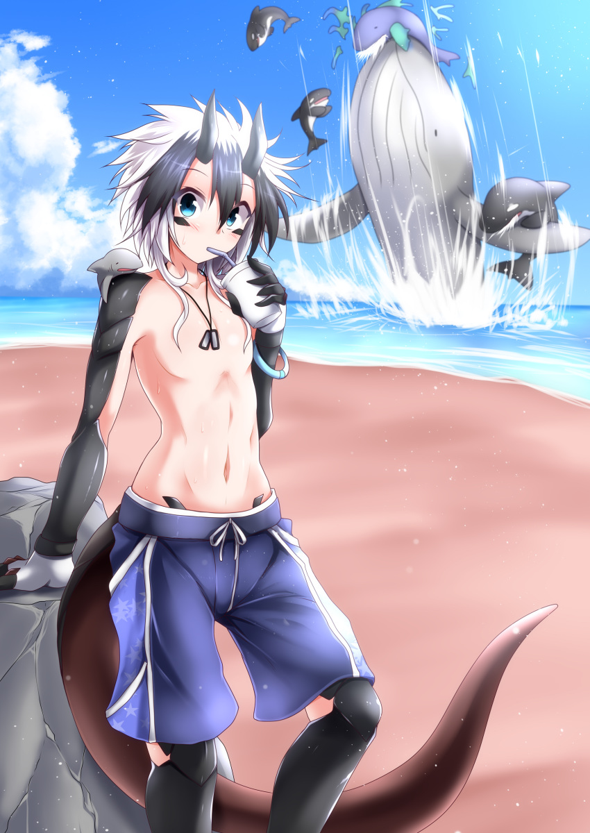 1boy absurdres arm_support bangs battle beach black_hair blue_eyes blue_shorts blue_sky blush bracelet chest claws cloud commentary_request cowboy_shot cup day dog_tags dragon_boy dragon_horns dragon_tail drinking drinking_straw eyebrows_visible_through_hair g_(desukingu) groin hair_between_eyes highres holding holding_cup horns jewelry looking_at_viewer male_focus medium_hair motion_lines multicolored_hair navel ocean orca original outdoors rio_(g) rock sand shark shirtless shorts sky solo_focus standing star_(symbol) star_print stomach sweat tail two-tone_hair whale white_hair