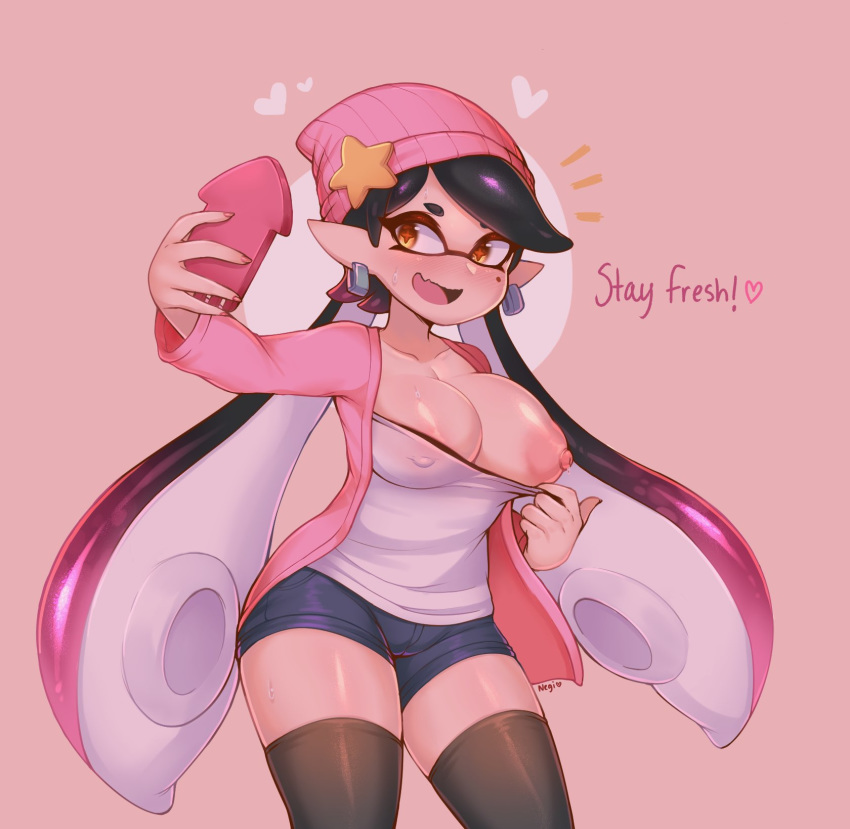 &lt;3 2020 5_fingers absolute_territory animal_humanoid areola artist_name beauty_mark big_breasts black_clothing black_hair black_legwear black_thigh_highs blue_bottomwear blue_clothing blue_shorts blush bodily_fluids bottomwear breasts callie_(splatoon) cephalopod cephalopod_humanoid cleavage clothed clothing collarbone cross_pupils digital_drawing_(artwork) digital_media_(artwork) domino_mask ear_piercing ear_ring english_text exposed_breasts eyelashes facial_markings female fingers glistening glistening_body glistening_hair glistening_skin hair happy hat head_markings headgear headwear hi_res holding_object holding_phone hoop_earrings hotpants humanoid humanoid_pointy_ears inkling jacket jewelry legwear light-skinned_female light_skin lip_fang long_hair looking_aside looking_at_object looking_at_phone marine marine_humanoid markings mask mask_(marking) mollusk mollusk_humanoid multicolored_hair negitives nintendo nipple_outline nipples nose_blush not_furry one_breast_out open_clothing open_jacket open_mouth open_smile open_topwear orange_eyes phone piercing pink_background pink_clothing pink_hat pink_headwear pink_jacket portrait presenting presenting_breasts pseudo_hair puffy_areola purple_hair selfie shirt shirt_pull shorts simple_background smile solo splatoon splatoon_(series) squid_humanoid sweat symbol-shaped_pupils taking_picture tentacle_hair tentacles text thick_thighs thigh_highs three-quarter_portrait topwear two_tone_hair video_games white_clothing white_shirt white_topwear yellow_eyes