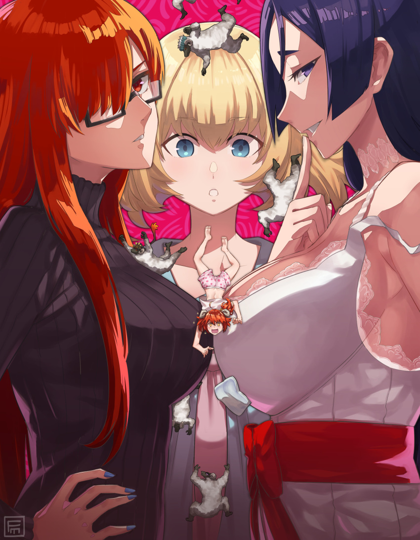 3boys 4girls ahoge bangs black_sweater blonde_hair blue_eyes boxer_briefs breasts castor_(fate/grand_order) catherine catherine_(cosplay) catherine_(game) catherine_cover_parody cosplay dress fate/grand_order fate_(series) fiery_hair fujimaru_ritsuka_(female) fumafu glasses hair_over_one_eye hat head_wreath highres horns katherine_mcbride katherine_mcbride_(cosplay) koha-ace large_breasts long_hair long_sleeves looking_at_viewer medium_hair minamoto_no_raikou_(fate/grand_order) multiple_boys multiple_girls oda_nobukatsu_(fate/grand_order) oda_nobunaga_(fate)_(all) oda_nobunaga_(maou_avenger)_(fate) one_side_up open_mouth orange_eyes orange_hair parody parted_bangs peaked_cap pink_dress pink_shorts pollux_(fate/grand_order) ponytail purple_eyes purple_hair red_eyes red_hair ribbed_sweater rin_(catherine) rin_(catherine)_(cosplay) sakata_kintoki_(fate/grand_order) sash sheep sheep_horns shirt shorts smile sparkling_eyes sunglasses sweater turtleneck turtleneck_sweater very_long_hair white_dress white_shirt