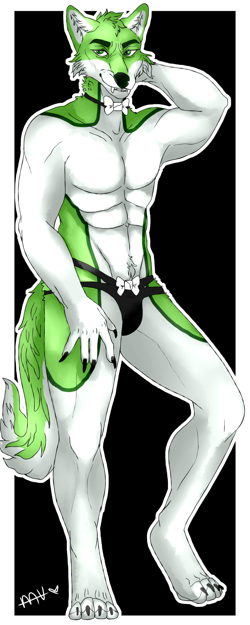 absurd_res anthro black_clothing black_underwear bow_tie canid canine claws clothed clothing digital_media_(artwork) fangs fidget_the_fox fox fur green_body green_eyes green_fur hair hi_res looking_at_viewer male mammal mastervendrocreations one_leg_up paws pinup pose raised_leg sexy_underwear simple_background smile solo underwear white_body white_bow_tie white_fur
