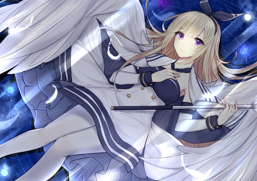 1girl 3874384829 angel_wings blonde_hair blue_neckwear bracer breast_hold breasts closed_mouth dress eyebrows_visible_through_hair glorious_(warship_girls_r) hair_ribbon highres holding holding_scepter long_hair looking_at_viewer lying neck_ribbon on_back open_eyes pantyhose purple_eyes ribbon scepter solo warship_girls_r white_dress white_legwear white_wings wings