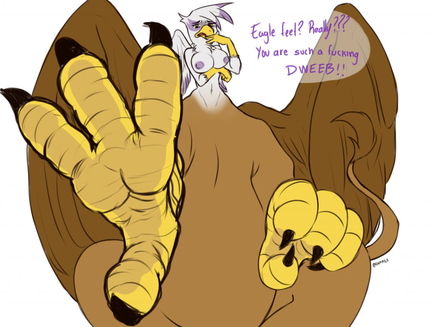 accipitrid accipitriform avian bird black_claws breast_support breasts brown_body brown_feathers brown_fur brown_wings claws dialogue eagle english_text feather_hair feathers female foot_fetish foot_focus friendship_is_magic fur gilda_(mlp) gryphon hand_on_mouth hasbro kinkmilk multi_wing my_little_pony mythological_avian mythology nipples pseudo_hair purple_body purple_feathers purple_fur purple_nipples purple_wings shaming simple_background slinkydragon_(colorist) solo supporting_breasts tail_tuft talking_to_viewer taur text tuft white_background white_body white_feathers white_fur white_wings wings