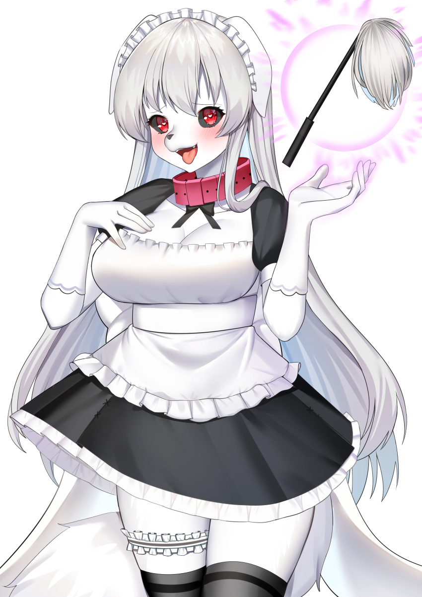 &lt;3 &lt;3_eyes 2020 5_fingers absurd_res anthro apron black_sclera blush breasts canid clothing collar corin cute_fangs female fingers gloves hair handwear hi_res long_hair maid_uniform mammal open_mouth red_eyes simple_background smile solo tongue tongue_out uniform white_background