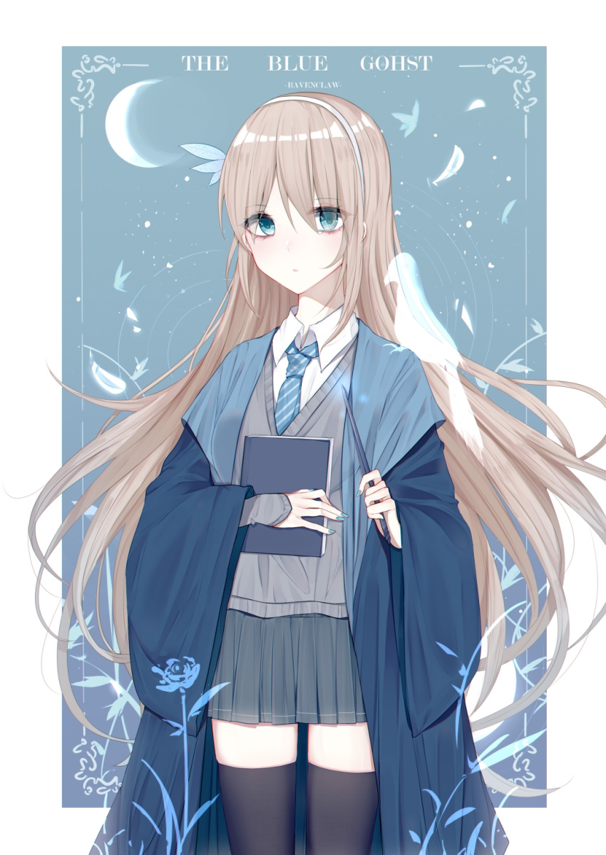 1girl 3874384829 aqua_eyes black_legwear blonde_hair blue_cloak book book_hug cloak closed_mouth english_text eyebrows_visible_through_hair grey_skirt grey_vest hair_between_eyes hair_ribbon hairband highres holding holding_book lexington_(cv-16)_(warship_girls_r) long_hair looking_at_viewer nail_polish necktie open_eyes ribbon shirt skirt solo thighhighs vest warship_girls_r white_shirt