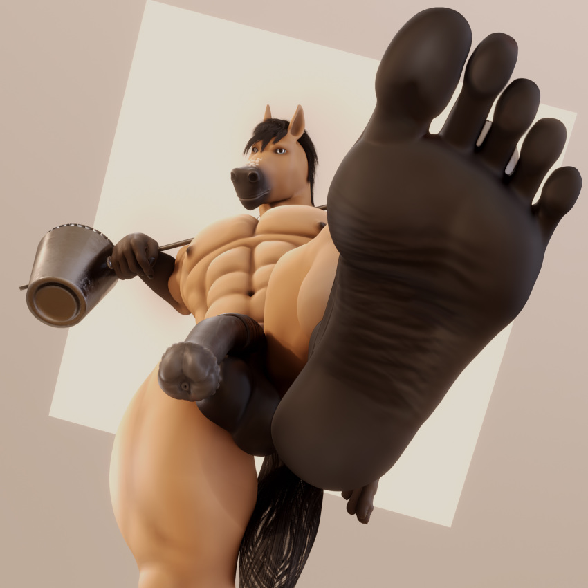 1:1 3d_(artwork) 5_toes abs animal_genitalia animal_penis anthro balls barefoot black_hair blender_(software) bucket carrying_object carrying_pole digital_media_(artwork) equid equine equine_penis feet foot_focus genitals hair hi_res horse humanoid_feet low-angle_view male mammal medial_ring moreuselesssource muscular muscular_anthro muscular_male nude penis solo toes worm's-eye_view